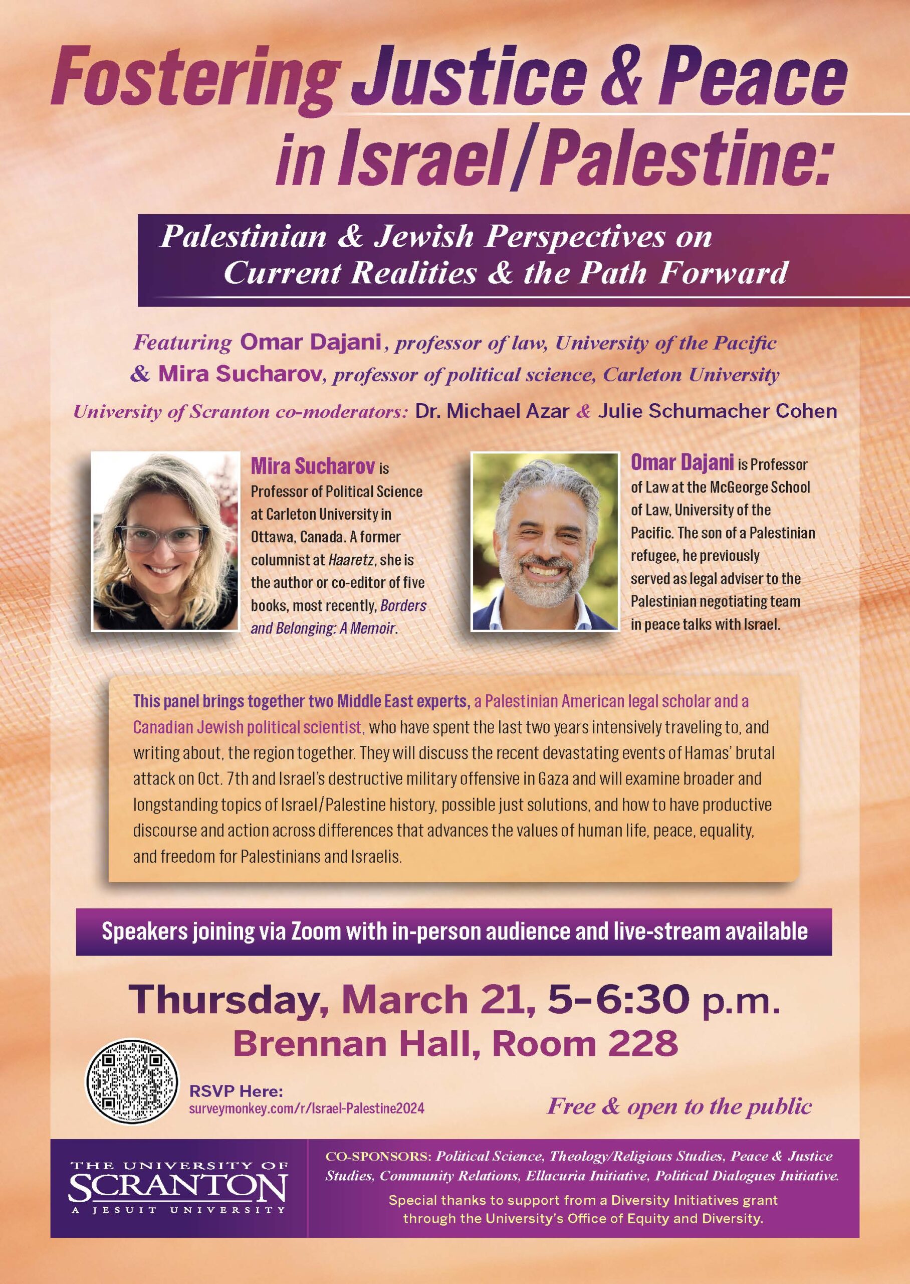Flyer for Israel/Palestine Foster Peace Panel at University of Scranton on March 21 5pm